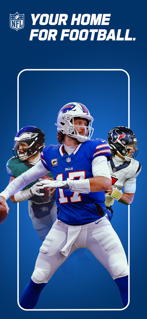 La pantalla de bienvenida de la app de la NFL con jugadores de fútbol profesional y el texto Tu Centro para el Fútbol Americano