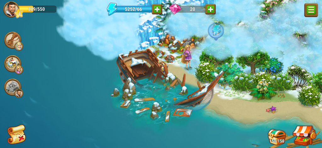 Ocean Whispers: Casual Game - Captura de pantalla del juego de Susurros del Océano mostrando a un personaje explorando un naufragio en una playa tropical.