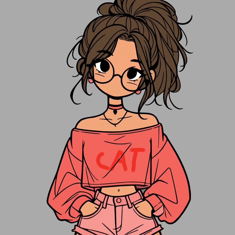 girl with a messy ponytail glasses a baggy crop top and jean shorts