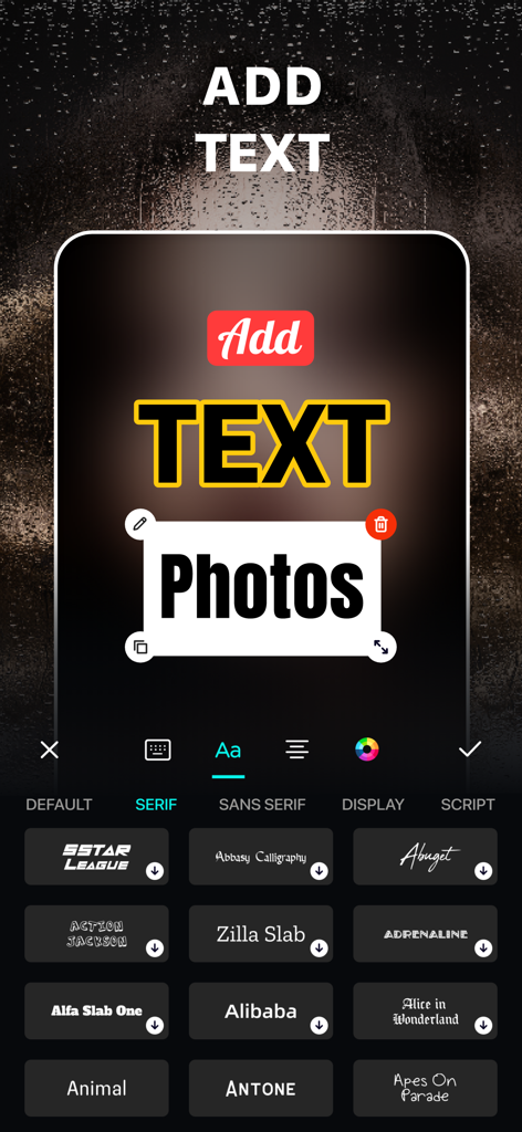 Blur Photo Editor - Benutzeroberfläche der Blur Foto Editor App, die zeigt, wie man Text zu Fotos hinzufügt und mit verschiedenen Schriftarten anpasst