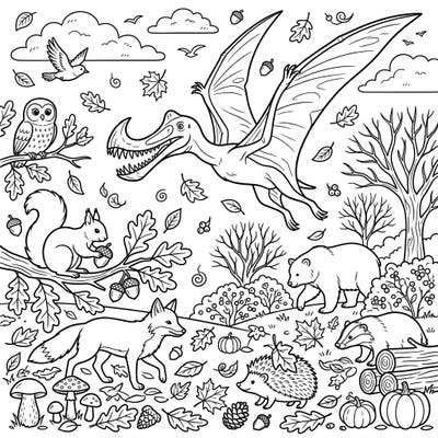 Unleash your creativity with this enchanting autumn coloring page featuring a magnificent Dsungaripterus soaring over a bustling fall woodland. Discover a vibrant scene filled with charming animals and classic harvest elements, ready for your artistic touch.