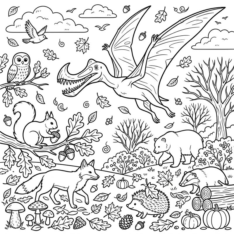Unleash your creativity with this enchanting autumn coloring page featuring a magnificent Dsungaripterus soaring over a bustling fall woodland. Discover a vibrant scene filled with charming animals and classic harvest elements, ready for your artistic touch.