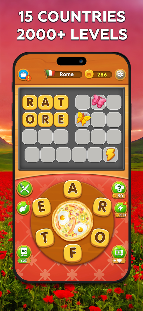 Word Pizza - Search Words - Word Pizza game screen showing a circular letter board and a word puzzle grid with a travel theme