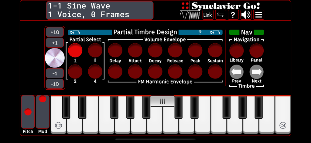 Interface of the Synclavier Go synthesizer app with red buttons and a virtual keyboard