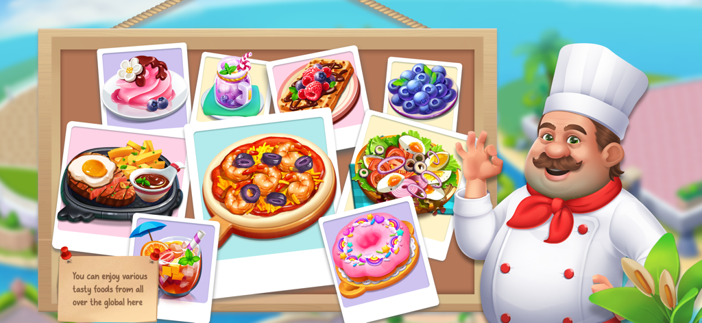 카툰 셰프가 게시판에 세계 각국의 음식 사진을 선보이는 모습