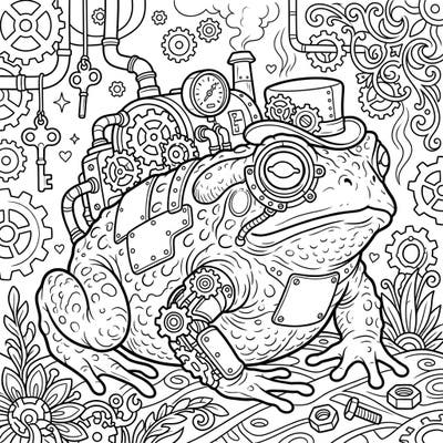 Discover a fascinating world where nature meets machinery with this Steampunk Toad coloring page. Immerse yourself in intricate details of gears, pipes, and Victorian-inspired accessories, ready for your artistic touch.