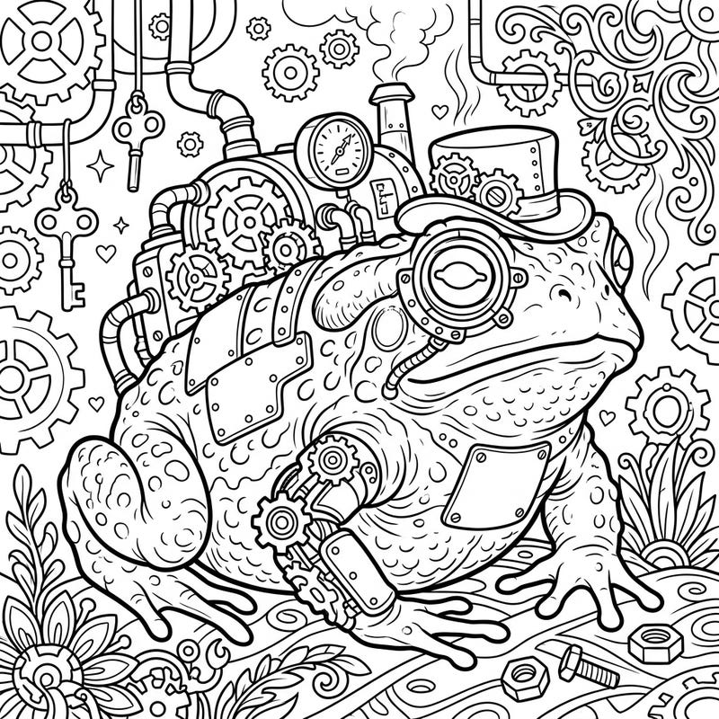 Discover a fascinating world where nature meets machinery with this Steampunk Toad coloring page. Immerse yourself in intricate details of gears, pipes, and Victorian-inspired accessories, ready for your artistic touch.