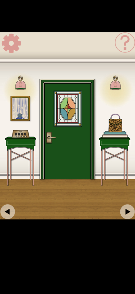 SUNFLOWER HOUSE : ROOM ESCAPE - A minimalist escape game room with a green door stained glass window and two green side tables with decorative objects