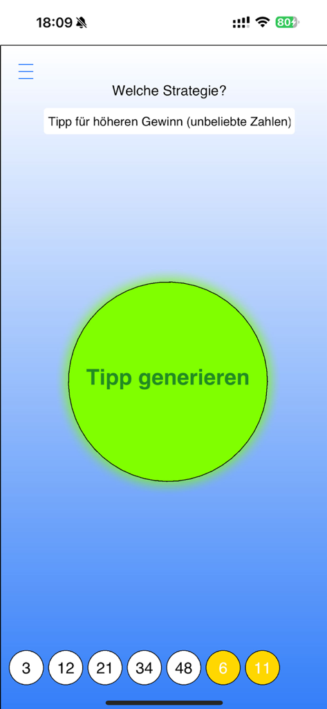 Lotto-O-Mat Ki - Lotto-O-Mat AI interface for selecting a strategy and generating lottery numbers
