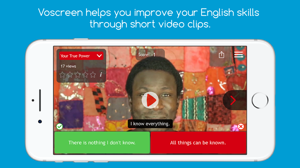 Voscreen - Learn English - A smartphone showing the Voscreen app interface with an English learning video clip and a multiple-choice paraphrasing question.