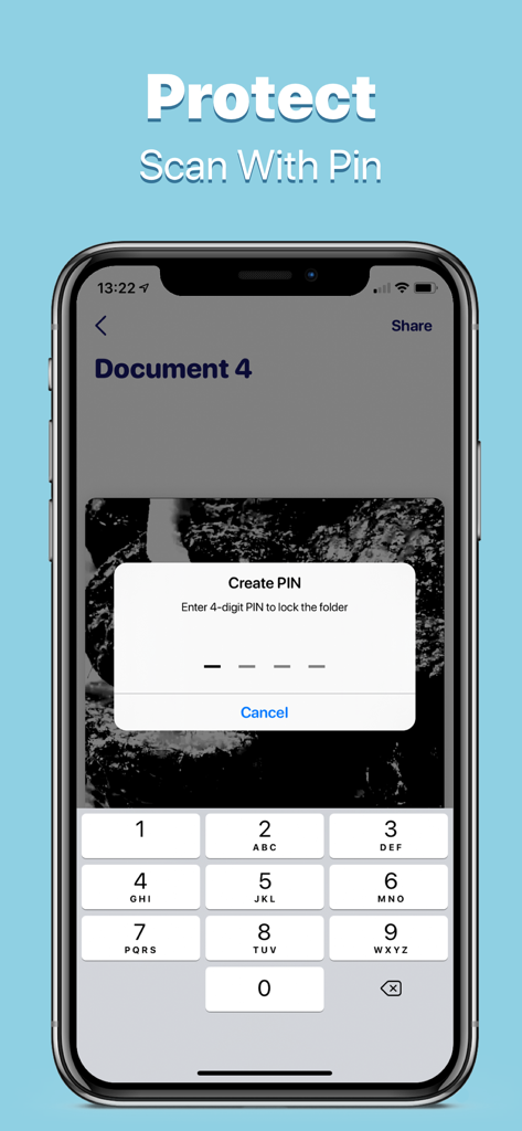 Camera Scanner: Clear Scan App - iPhone screen showing the Camera Scanner app security feature to protect documents with a 4-digit PIN