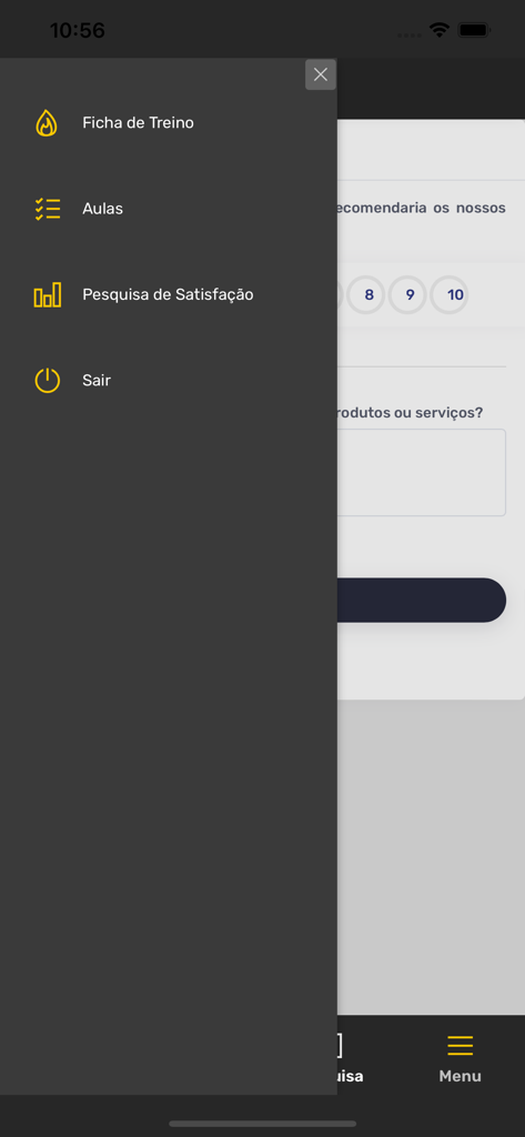TOP UP ACADEMIA - Menú de navegación lateral de la aplicación móvil Top Up Academia que muestra opciones de entrenamiento y clases.
