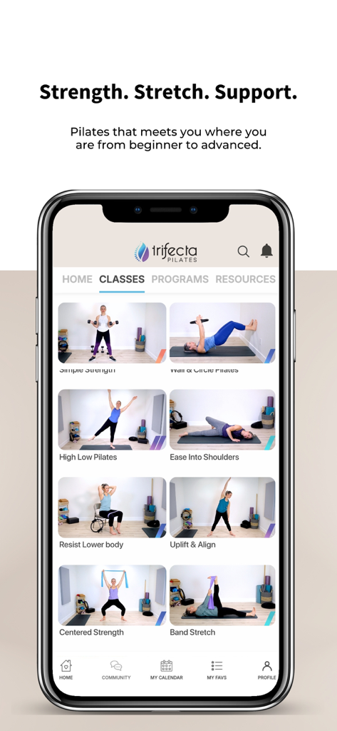 Trifecta Pilates - The Trifecta Pilates app interface displaying a variety of mat Pilates workout classes for different fitness levels