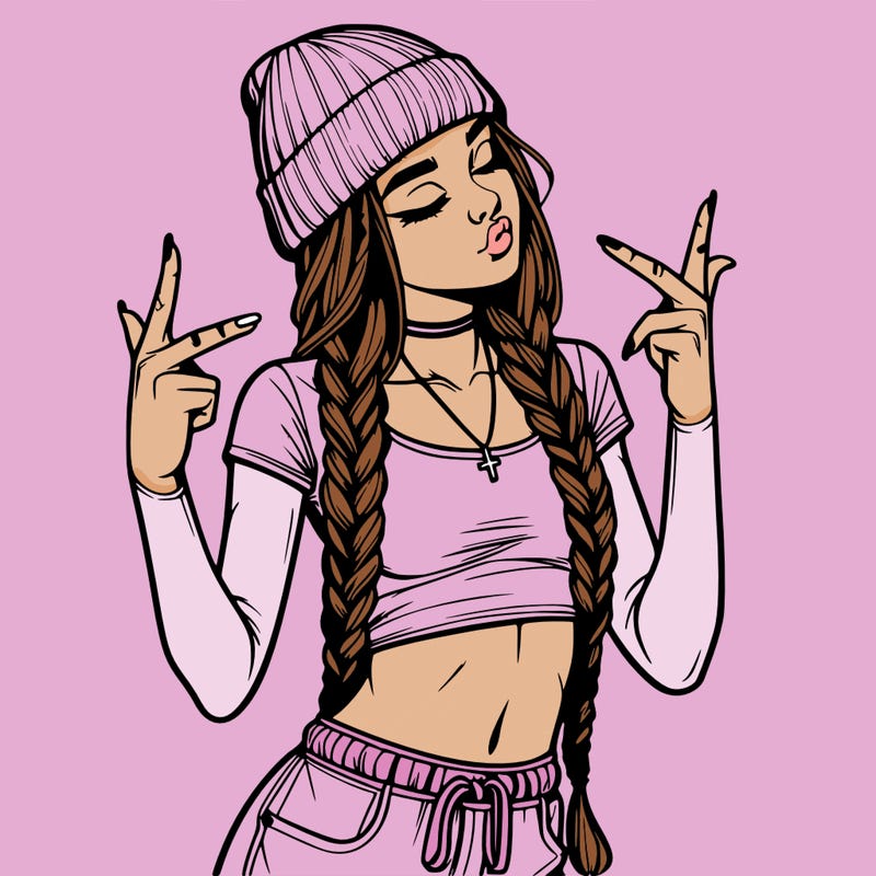 realistic teenage girl with braids and a beanie and crop top doing 🫶🏼