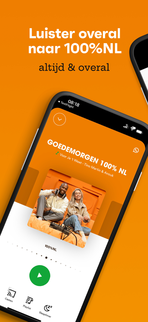 Interface do aplicativo de rádio 100 por cento NL holandesa em um smartphone com fundo laranja