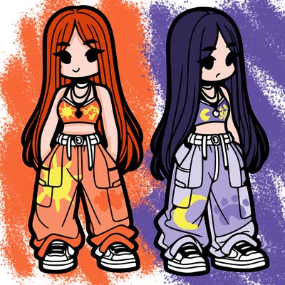 girl in baggy pants crop top and long hair