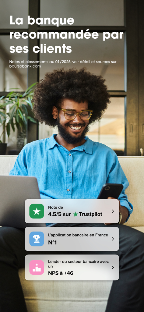 A man using his smartphone with text displaying BoursoBank's top customer satisfaction ratings and market leadership