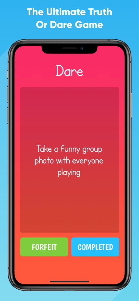 Truth Or Dare : Party Game - Un écran de smartphone affichant un défi de gage de l'application Vérité ou Conséquence demandant aux joueurs de prendre une photo de groupe amusante.
