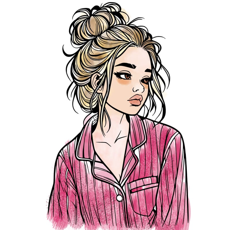 realistic woman with pajamas on and a messy bun