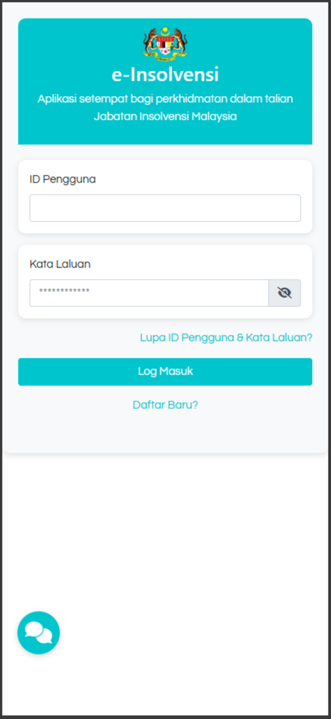 e-Insolvensi - e-Insolvensi mobile app login screen for Malaysian insolvency services