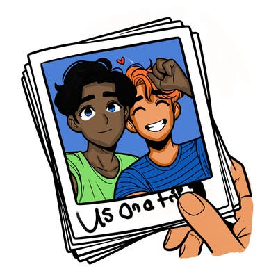 realistic, best friends taking a polaroid picture