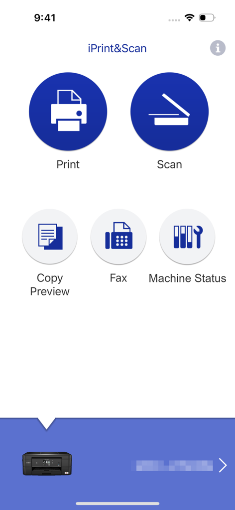 Interface principal do aplicativo Brother iPrint e Scan com opções de impressão e digitalização