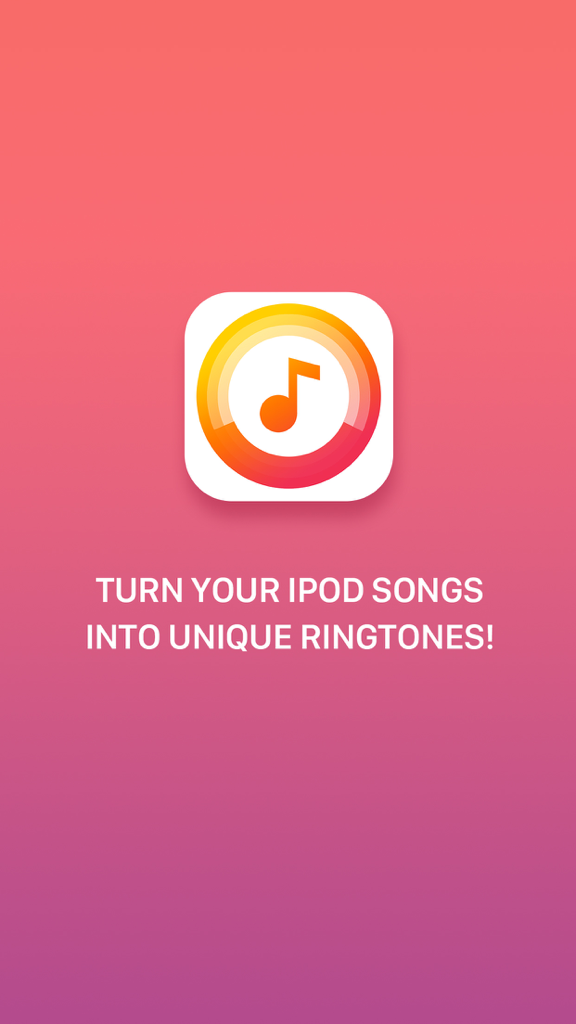 Ringtone Maker – create ringtones with your music - Pantalla de la aplicación Creador de Tonos mostrando un icono de nota musical y el texto convierte tus canciones de iPod en tonos únicos