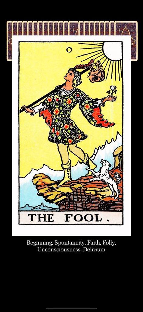 Mystic Tarot - La carta del tarot El Loco de la baraja Rider-Waite de 1910 mostrada en la aplicación Mystic Tarot con su significado.