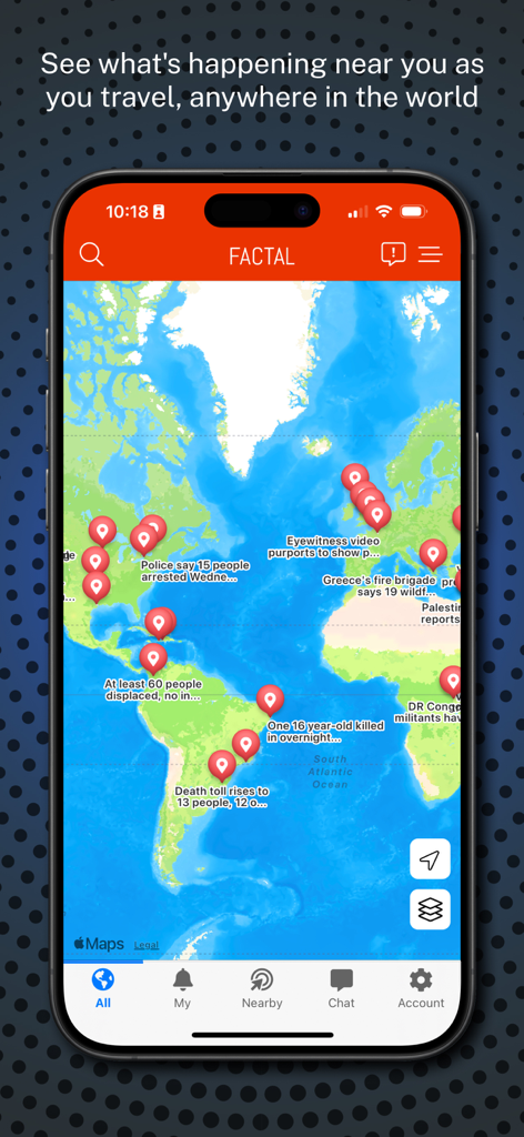 Factal News - Weltkartenansicht in der Factal News App mit globalen Pins für verifizierte Eilmeldungen.