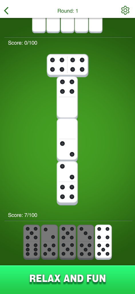 Interface clássica do jogo de dominó com peças brancas em um fundo verde, apresentando um tema relaxante e divertido.