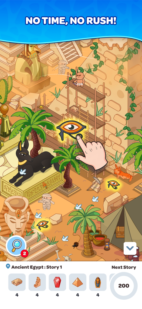 Hidden Tales - Find Objects! - Capture d'écran du jeu d'objets cachés Hidden Tales dans un décor d'Égypte ancienne montrant le mécanisme de recherche et de découverte.