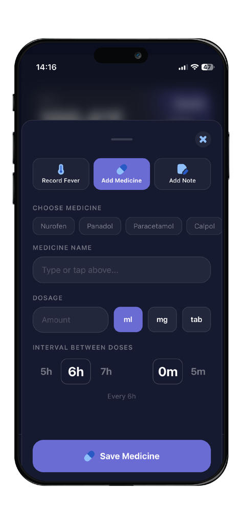Fevly - Fevly app interface for adding medication details including name dosage and time intervals