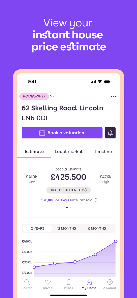 Zoopla app interface showing an instant house price estimate and a property value trend graph.