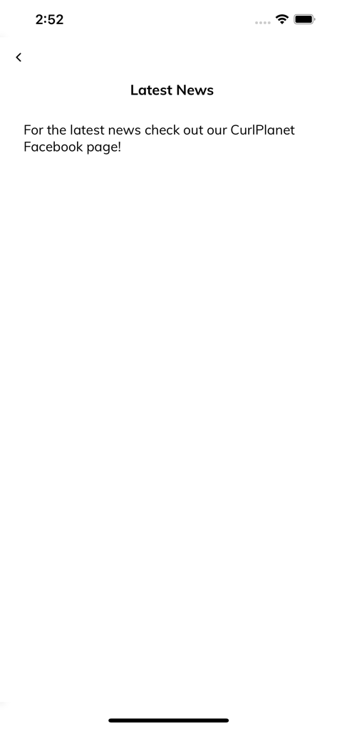 Curl Planet - Tela de últimas notícias no aplicativo Curl Planet mencionando a página do Facebook