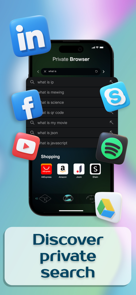 Espion SecureNet VPN - A smartphone displaying the private browser interface of Espion SecureNet VPN surrounded by floating app icons like Facebook, YouTube, and Spotify.