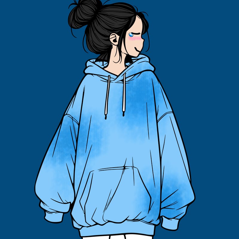 realistic girl with a oversized sweatshirt on and a bun