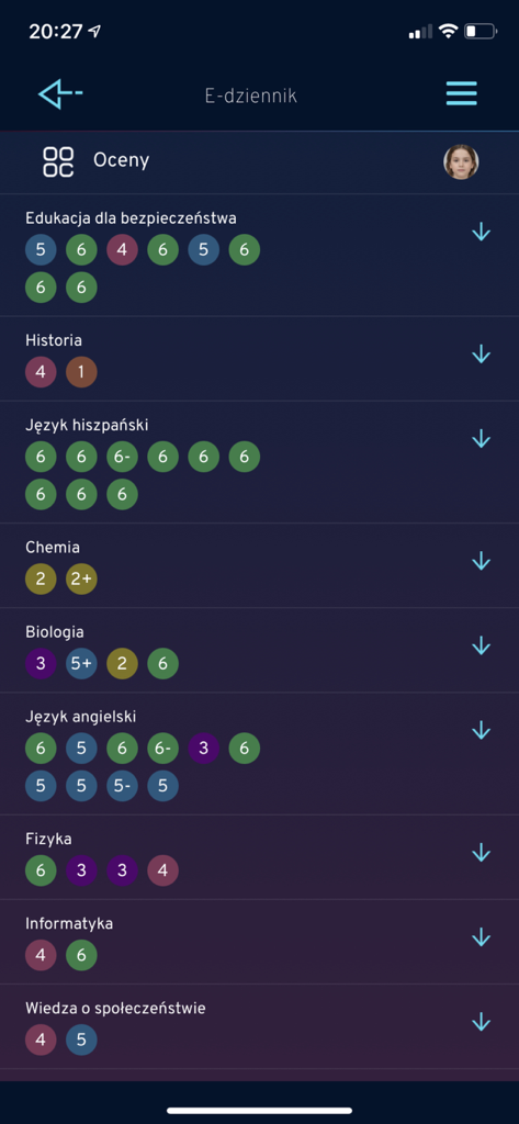 Gdynia.pl - Electronic diary screen in the Gdynia.pl app displaying school grades for several subjects.