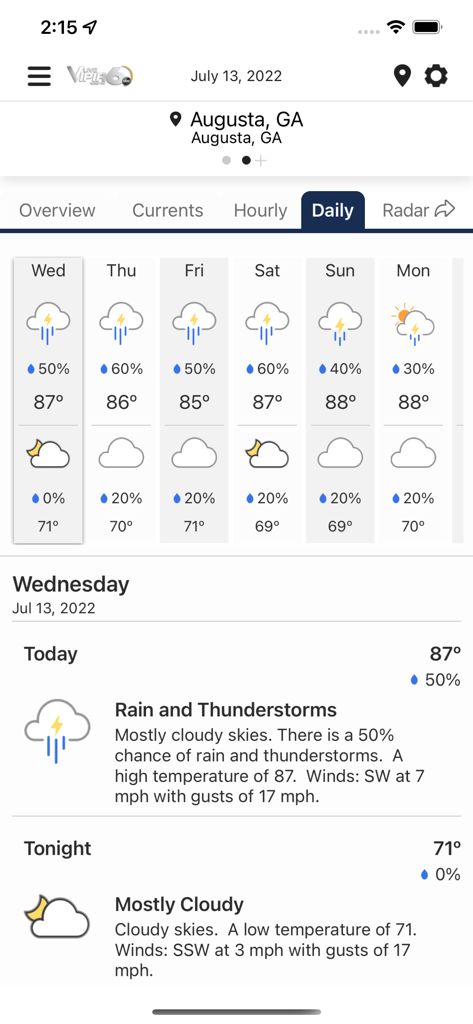 WJBF Vipir 6 Radar - WJBF Vipir 6 weather app displaying a 7-day daily forecast and current conditions for Augusta Georgia