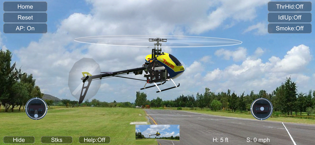 Yellow and blue RC helicopter flying over a runway in the simulator