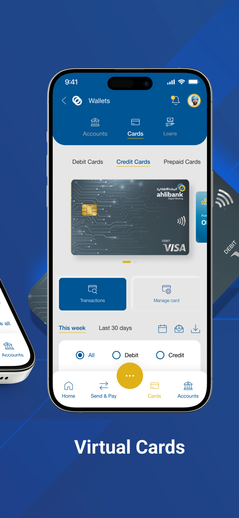 Ahlibank M-Bank - Ahlibank M-Bank mobile app interface showing virtual credit card management and transaction history