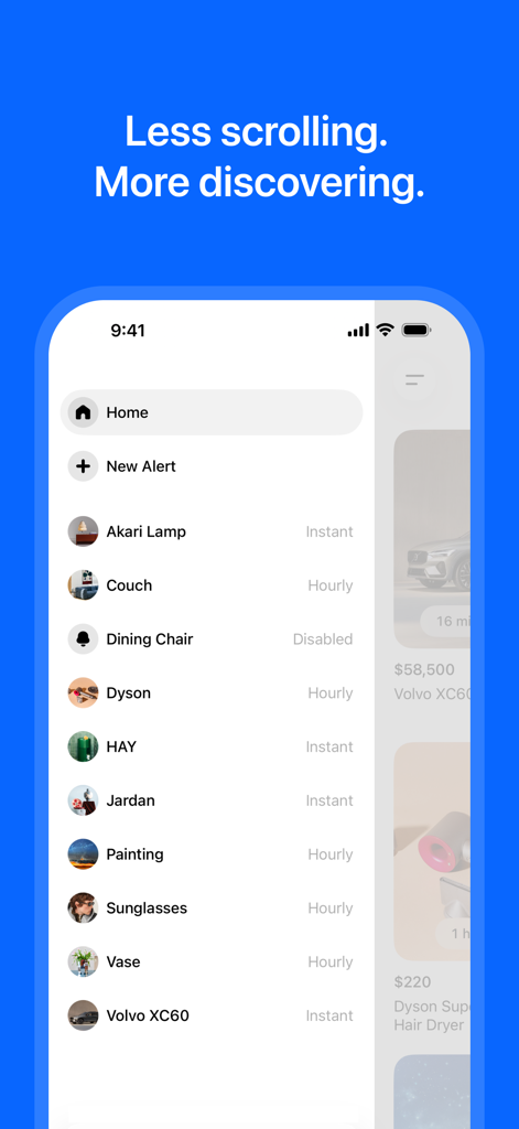 Interfaz de la aplicación Scout mostrando una lista de alertas activas del marketplace para artículos como lámparas, muebles y coches.