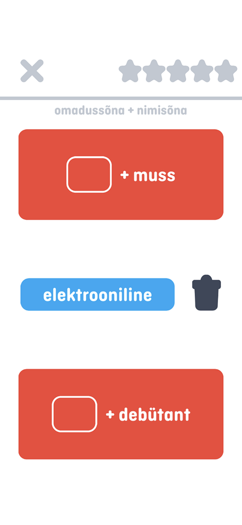 Sõnamäng app interface showing the drag game mode where players match the Estonian adjective elektrooniline with nouns like muss or debütant.