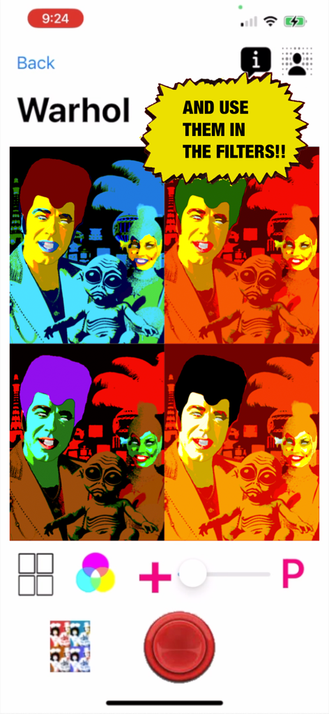 Pop Art Lite - Tela do aplicativo Pop Art Lite mostrando uma grade 2x2 do filtro Warhol aplicado a uma foto criativa com cores vibrantes