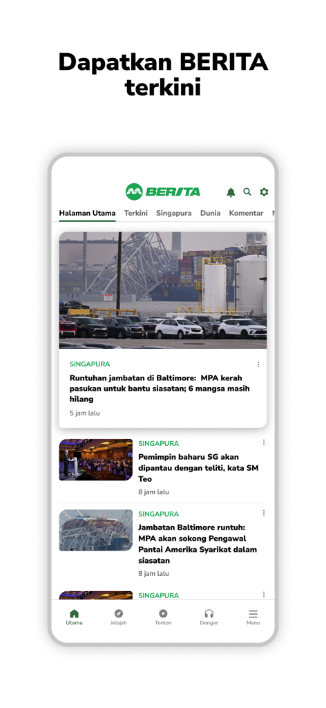 Home screen of the BERITA Mediacorp app displaying news articles in Malay language