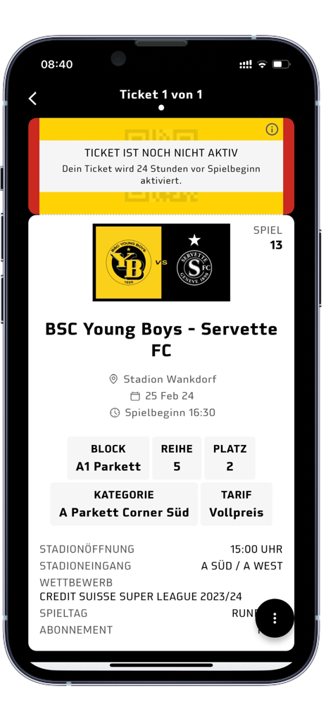 BSC YB Ticket-App - Digital match ticket for BSC Young Boys versus Servette FC displayed on the mobile app screen with seat and stadium details