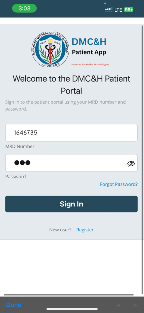 Schermata di accesso per l'app mobile Patient Portal dell'Ospedale DMC
