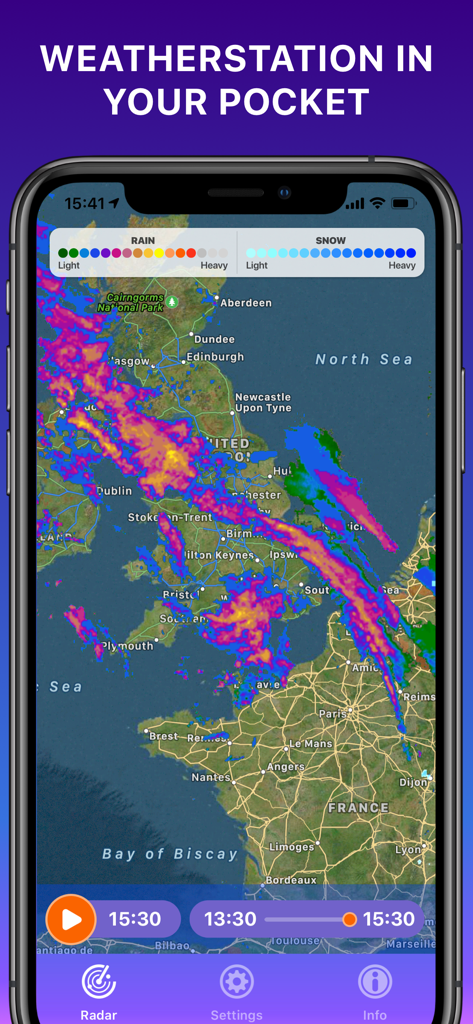 A mobile smartphone displaying an interactive weather radar map with rain and snow intensity levels over Europe