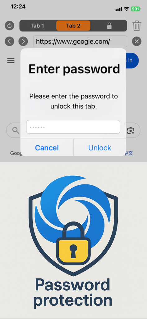 Lốc Lốc – Password Web Browser - Captura de pantalla de la aplicación Loc Loc que muestra una solicitud de código para desbloquear una pestaña del navegador con un icono de escudo de seguridad.