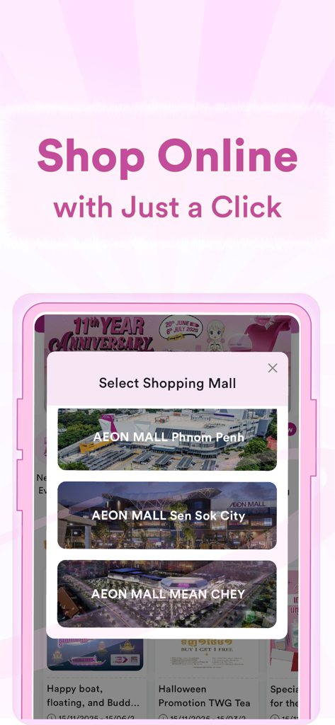 AEON MALL APP - Aeon Mall App interface showing the select shopping mall menu for online shopping in Cambodia