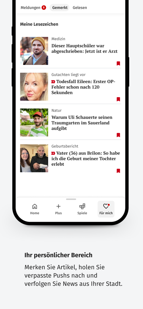Ein Screenshot der WR News App, der den personalisierten Bereich 'Für Mich' mit markierten Nachrichtenartikeln zeigt.